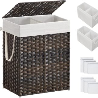 Songmics Laundry Hamper With Lid, 90l Double Wicker Basket, 6 Mesh Bags